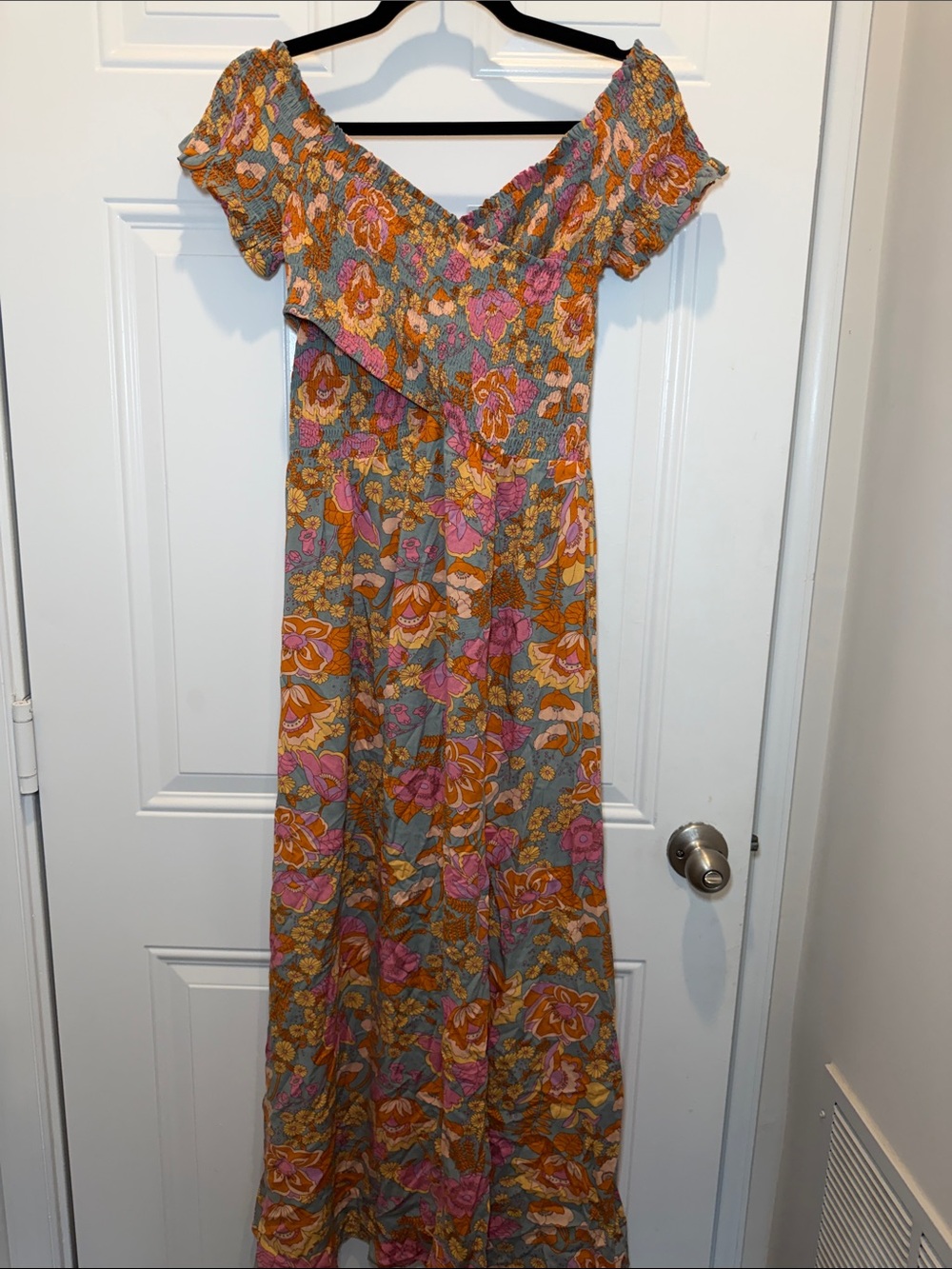 Aakaa Floral Off-Shoulder Maxi Dress in Mustard & Pink
